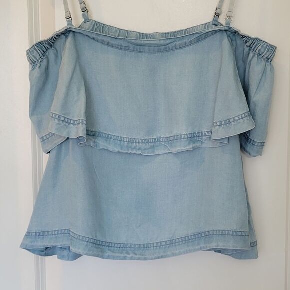 Free People Light Blue Chambray  Denim Crop Tank Off Shoulder Ruffle Top Small - Picture 4 of 16